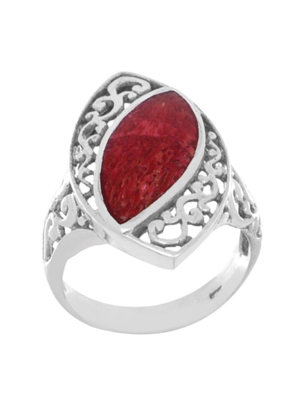 Sterling Silver Marquise Red Agate Filigree Ring
